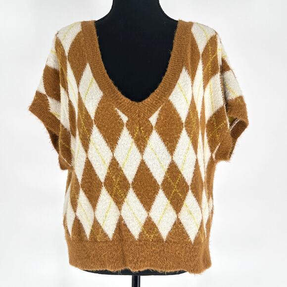 Free People Through the Motions Sweater Vest Retro Boxy Brown Cream M - Picture 2 of 13